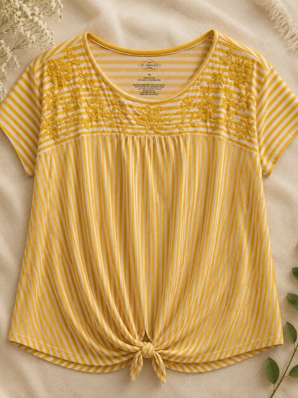 St. John's Bay XL Mustard Yellow Striped Embroidered Tie Front Cotton Top 24ptp